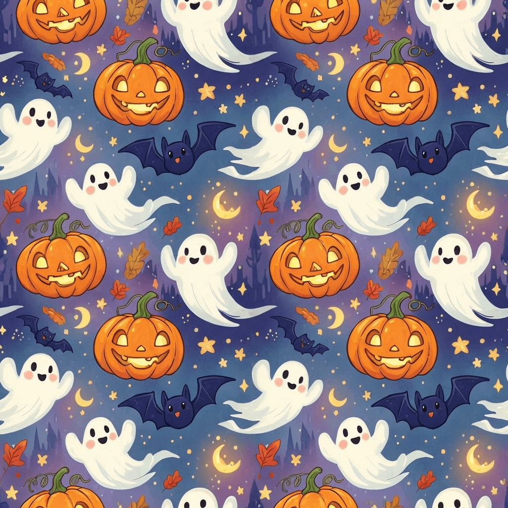 A whimsical Halloween pattern featuring smiling pumpkins, playful ghosts, and cheerful bats, all in a flat, modern vector style with a vibrant color palette.