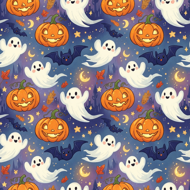 A whimsical Halloween pattern featuring smiling pumpkins, playful ghosts, and cheerful bats, all in a flat, modern vector style with a vibrant color palette.