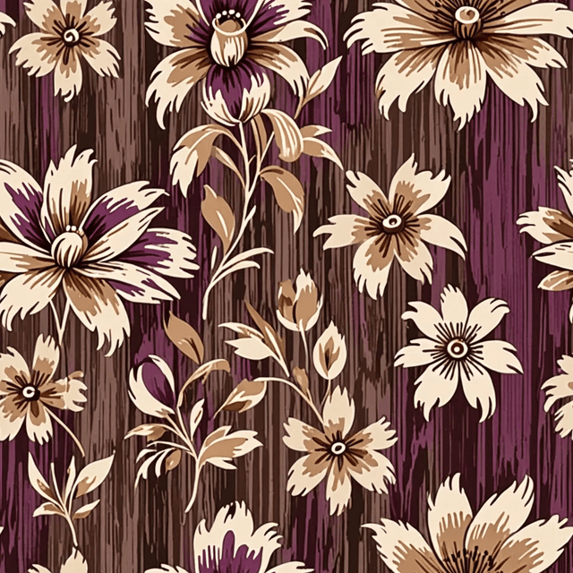 A tapestry of ikat-influenced florals in vintage plum, beige, and charcoal weaves softly across a warm brown base. The layout is large-scale and painterly, with textile-like texture.