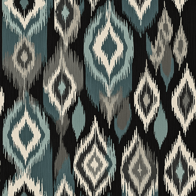 Soft ikat motifs in dusty teal and warm grey blend gently across a faded black canvas. The edges are blurred, with woven texture adding depth and cultural richness.