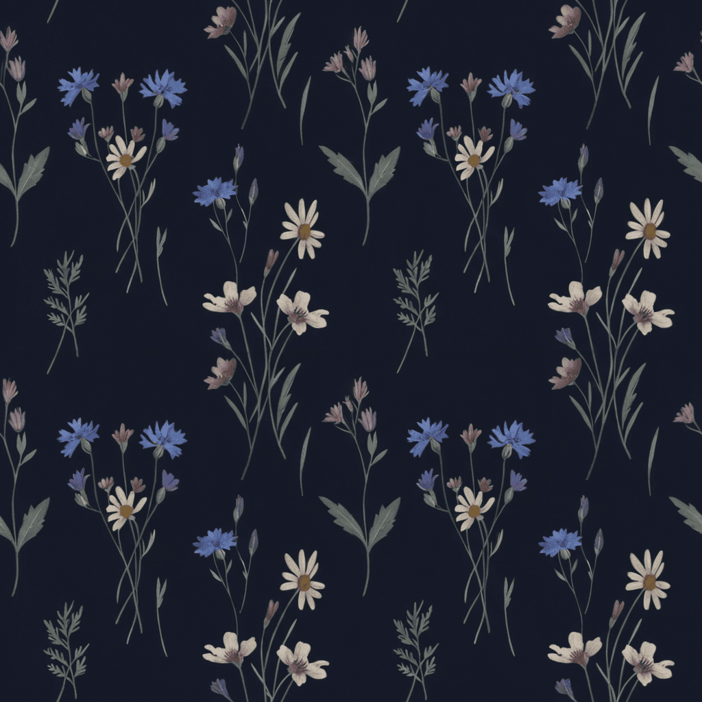Fine-stemmed wildflowers, small daisies, delicate bells, seed heads, and feathery leaves illuminated against a dark navy ground. Use muted cornflower blue, faded blush, dusky mauve, antique ivory, sage grey, and subtle silver accents. Arrange the motifs in airy, irregular clusters with varied orientations and considerable negative space, allowing some stems to disappear into shadow. Combine translucent photographic layers with fine gouache and pencil details for a handcrafted botanical effect. Avoid dense meadow coverage, cheerful daytime colors, obvious rows, muddy flower centres, overly crisp digital edges, and excessive metallic shine.