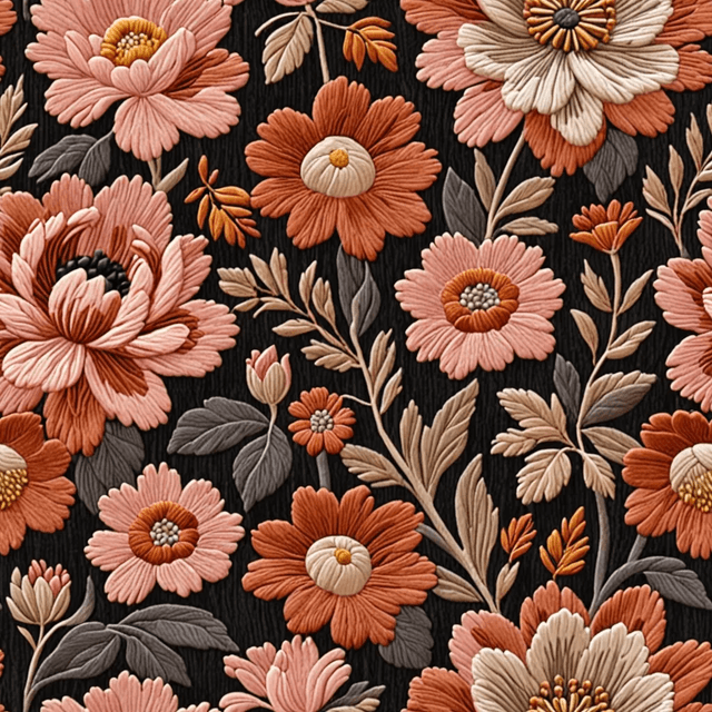 Florals in clay, rust, and deep blush sit closely packed against a charcoal ground. The composition is rich and textured, reminiscent of embroidered tapestries or aged fabric prints.
