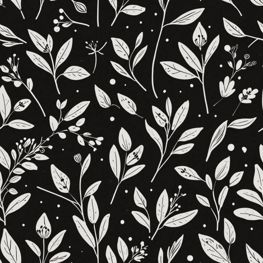 Create a seamless pattern of slender botanical sprigs, leaves, and minimalist floral buds drawn with a consistent monoline technique. Use a calm, monochromatic palette ideal for eco-conscious branding and minimalist wrapping paper.