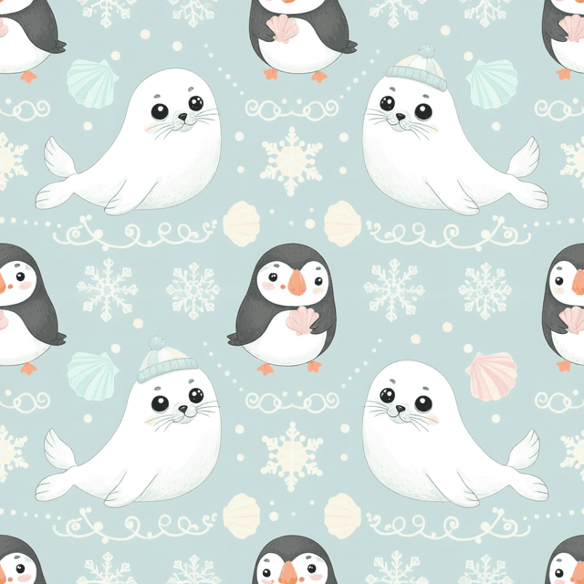 Cute baby seals and puffins surrounded by snowflakes and shells, drawn in soft pastel tones for a gentle nursery pattern.