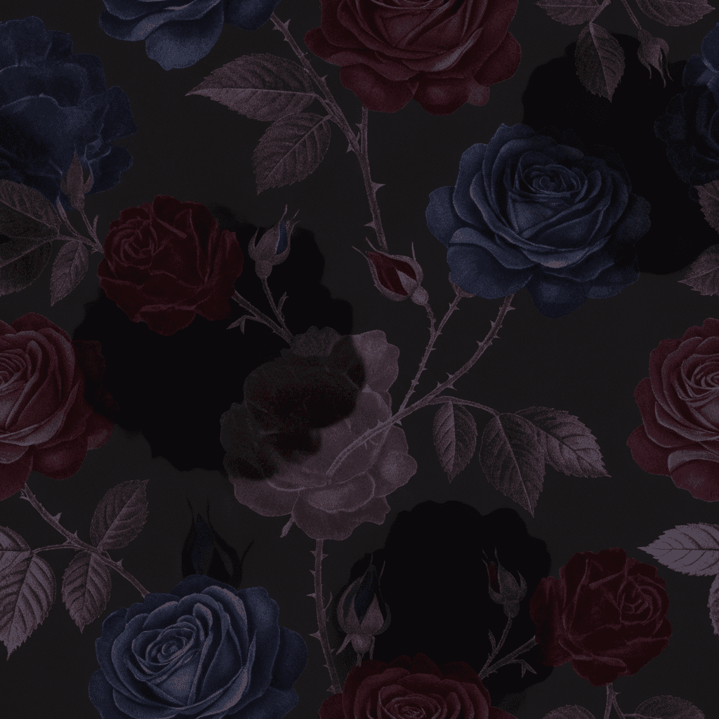 Dynamic composition, no visible grid. Velvety roses in deep wine, ink blue, blackened crimson, and smoky lavender, supported by thorny stems, curled leaves, and small fading buds. Let the flowers emerge gradually from a charcoal background, with some blooms sharply detailed and others dissolving into soft photographic shadows. Use medium and large motifs, irregular spacing, overlapping silhouettes, and restrained glistening highlights on folded petals. Render the roses with a combination of dark botanical photography and hand-painted pigment textures. Avoid romantic pastel palettes, evenly distributed roses, clean digital gradients, flat silhouettes, excessive thorns, and bright white highlights.