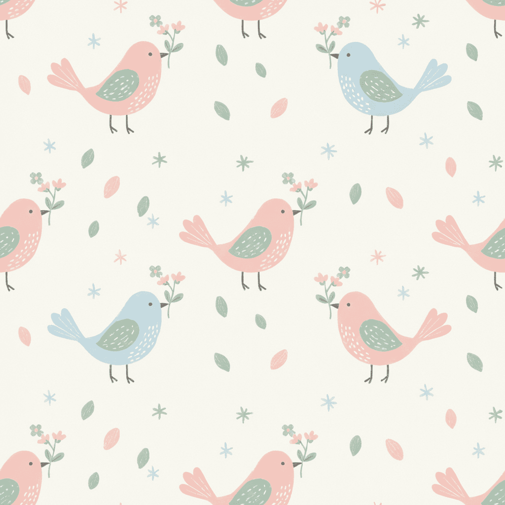 Little birds carrying flower sprigs in their beaks, surrounded by scattered petals and tiny stars, soft pink, blue and sage palette, whimsical folk-art illustration.