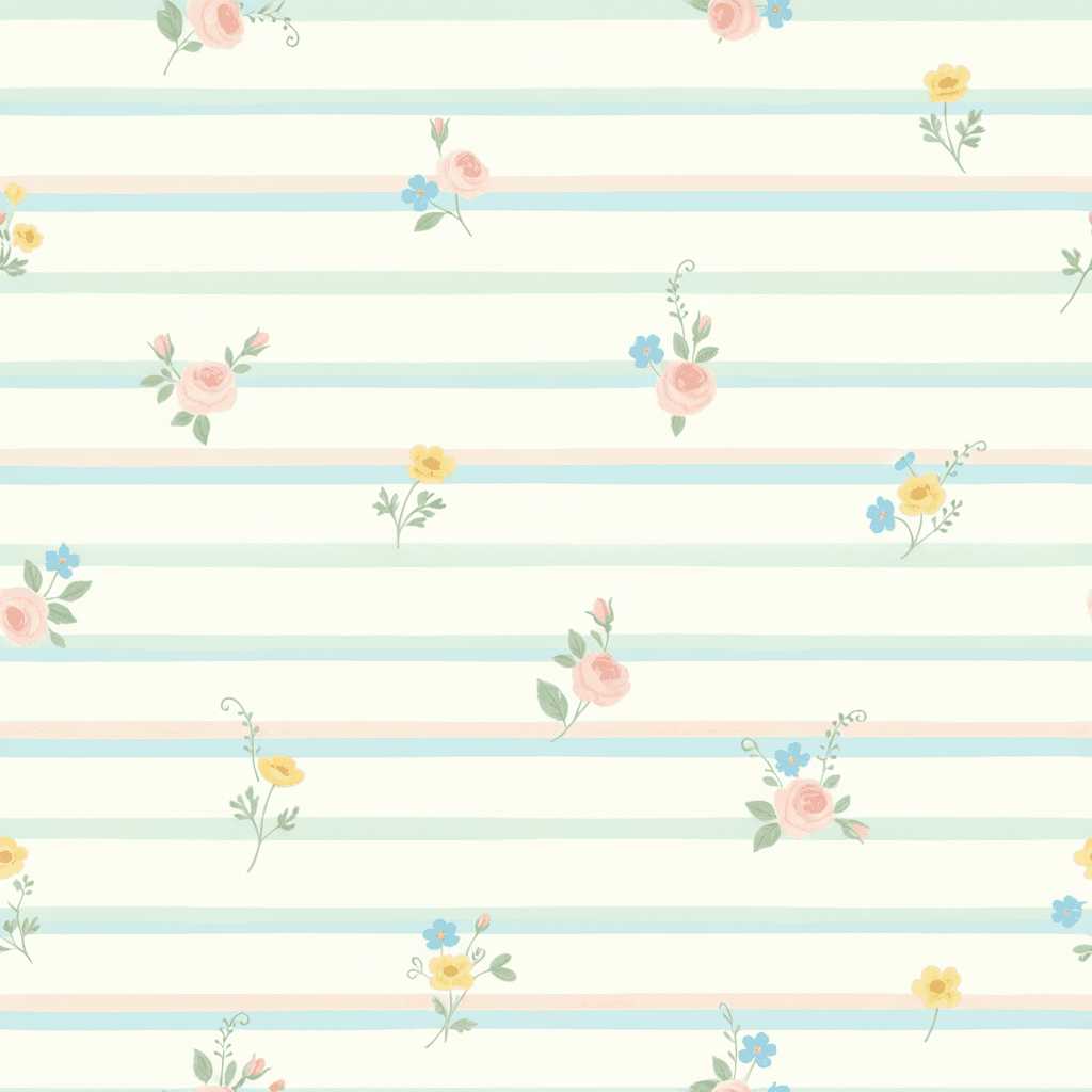 Tiny scattered flowers growing between narrow pastel stripes, featuring pale pink roses, buttercups and small blue blossoms.