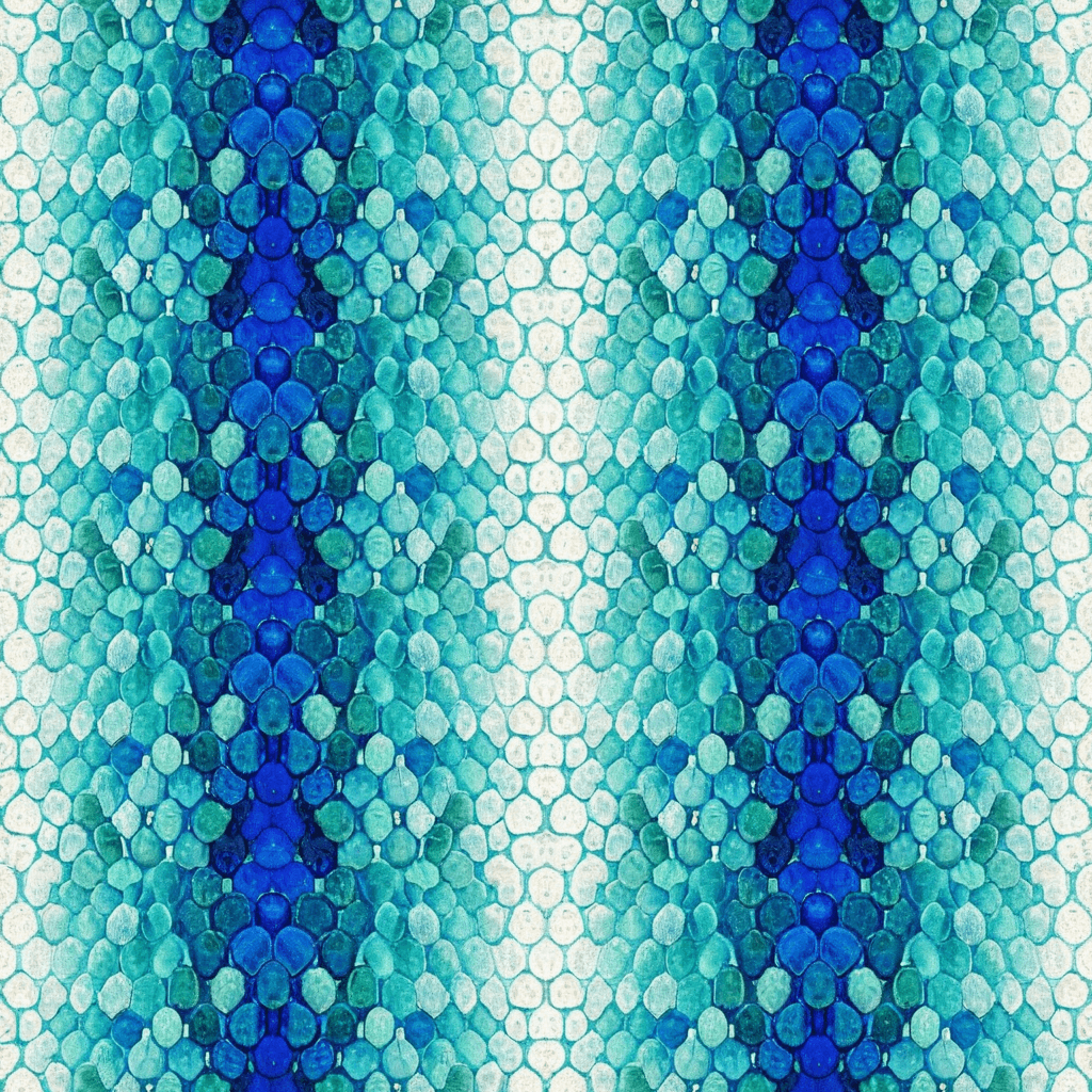 snakeskin texture with delicate overlapping scales in aqua, turquoise, indigo and pearl tones, luxurious summer resort textile aesthetic