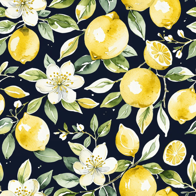 Lemon branches with bright yellow lemons, glossy leaves, and delicate white blossoms in a painterly watercolour style. with delicate watercolour washes, arranged in a circular arrangements or mirrored motifs, using a harmonious Mediterranean palette
