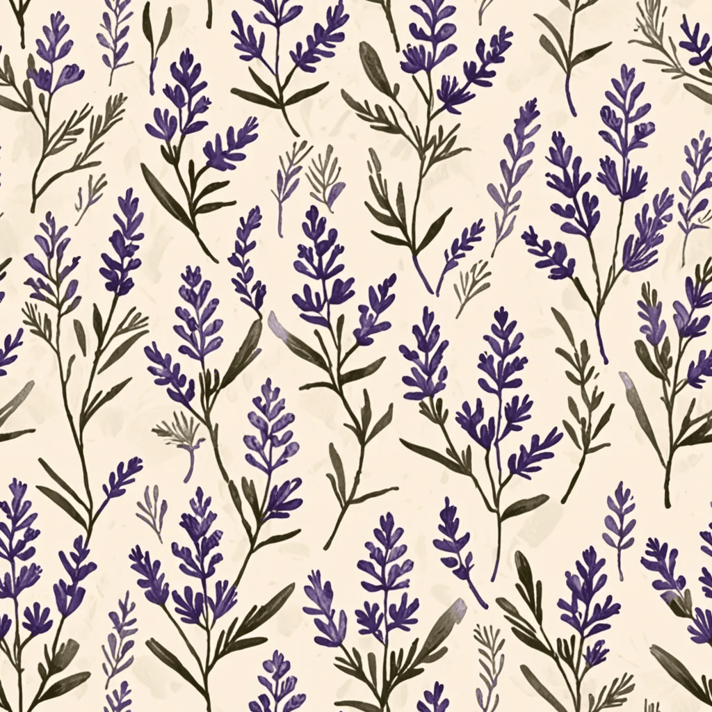 Lavender sprigs arranged loosely on a cream background, in a rustic, sun-faded colour scheme. using painterly brushstrokes, arranged in a scattered composition with airy spacing, using a harmonious Mediterranean palette