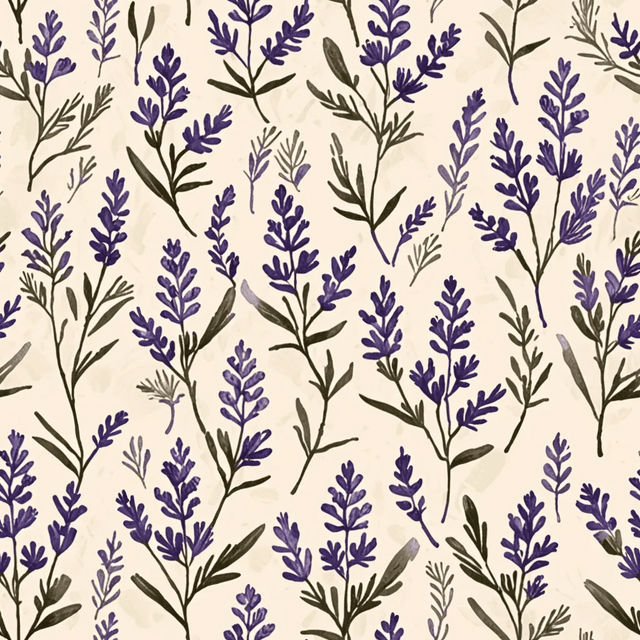 Lavender sprigs arranged loosely on a cream background, in a rustic, sun-faded colour scheme. using painterly brushstrokes, arranged in a scattered composition with airy spacing, using a harmonious Mediterranean palette