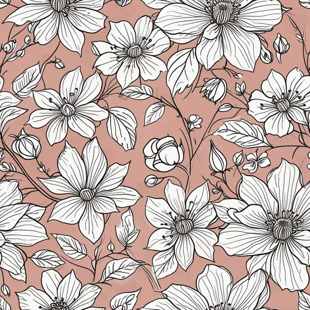 Create a seamless pattern using elegant floral wreaths and corner motifs in fine line art. Include flowers like roses, clematis, and cosmos arranged in circular or arching compositions. Use soft metallic linework on a pale neutral background for a refined, decorative look ideal for packaging or invitations.