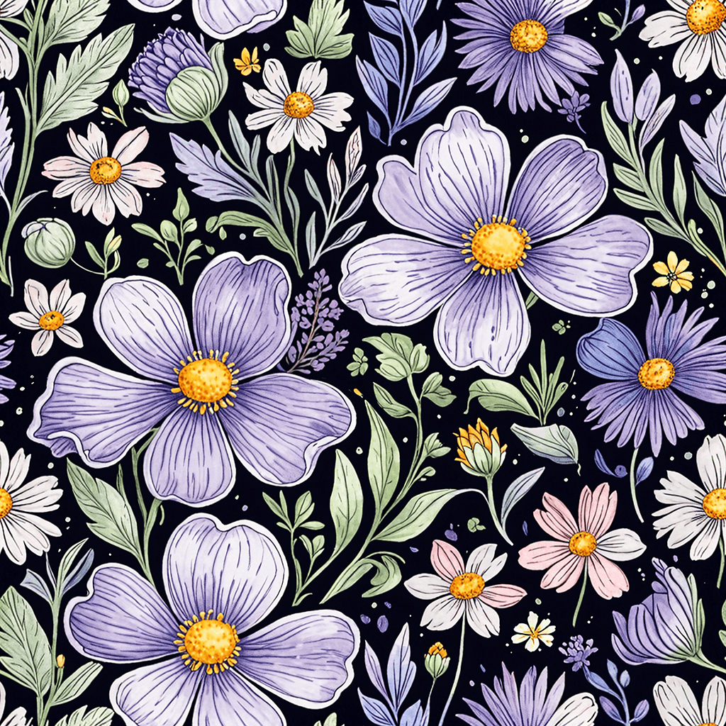 Generate a seamless pattern in a delicate watercolour style, showcasing a whimsical mix of wildflowers such as lavender, chamomile, clover, and bluebells. Use soft, transparent brushstrokes and a light pastel colour palette. Each flower should be individually painted with gentle outlines and a dreamy, hand-painted feel.