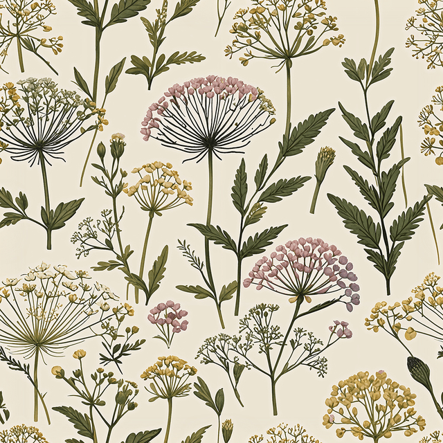Design a seamless pattern featuring elegant wildflower illustrations in fine line art. Include stylised representations of Queen Anne’s lace, yarrow, and wild violets. Use monochrome or a muted earthy palette like sage, rust, and cream for a minimalist, modern botanical aesthetic.