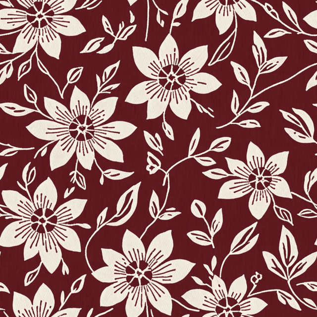 Small floral repeats in muted wine and off-white dance over a warm espresso base. Each bloom is finely drawn, giving the pattern a timeless, heirloom look with folk embroidery charm.