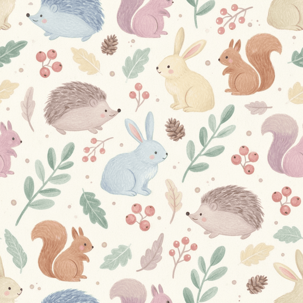 Cosy woodland creatures — hedgehogs, rabbits, and squirrels —  among winter berries and leaves in a soft pastel watercolour palette. 