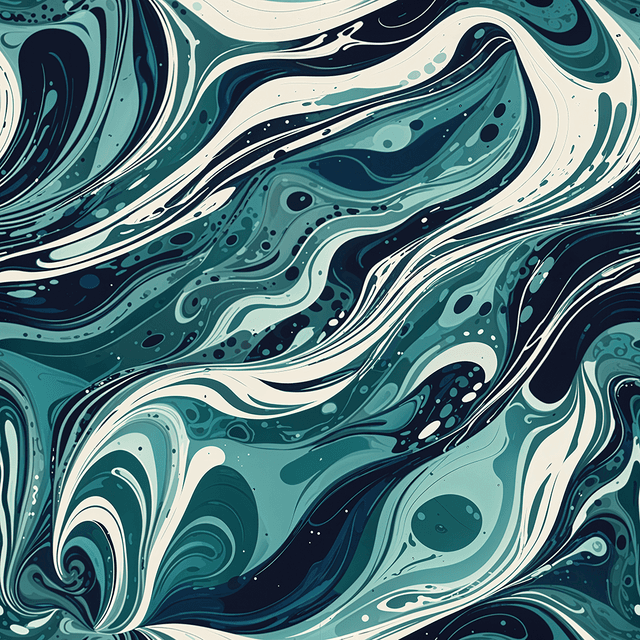Create an abstract marbling pattern that mimics ocean waves and tidal currents. Use swirling shades of turquoise, deep blue, and seafoam green with hints of white. The composition should feel fluid, immersive, and calming – ideal for coastal-themed designs.
