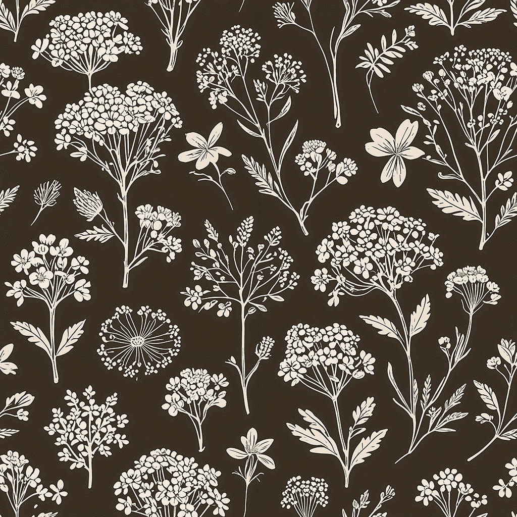 Design a seamless pattern featuring elegant wildflower illustrations in fine line art. Include stylised representations of Queen Anne’s lace, yarrow, and wild violets. Use monochrome or a muted earthy palette like sage, rust, and cream for a minimalist, modern botanical aesthetic.