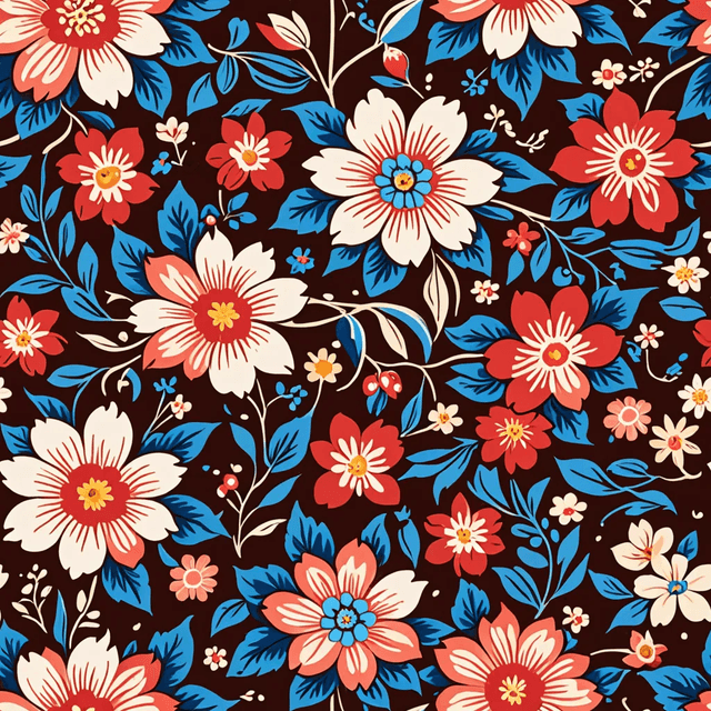 Clusters of flowers in scarlet, muted blue, and creamy peach nestle in folk-style arrangements on a chocolate base. The layout feels handcrafted and decorative, grounded in tradition and culture.