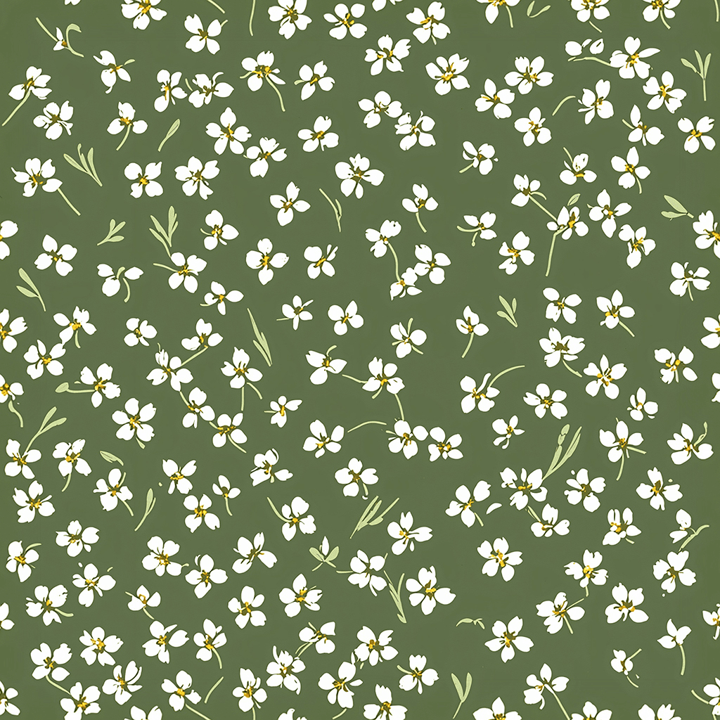 A seamless floral pattern featuring tiny, delicate white flowers with subtle green stems and leaves, scattered evenly across a soft sage green background. The design is minimalistic, with plenty of negative space, creating a light and elegant aesthetic in a flat, vector style.