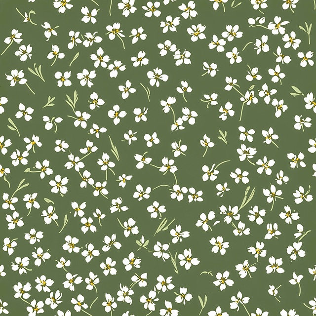 A seamless floral pattern featuring tiny, delicate white flowers with subtle green stems and leaves, scattered evenly across a soft sage green background. The design is minimalistic, with plenty of negative space, creating a light and elegant aesthetic in a flat, vector style.