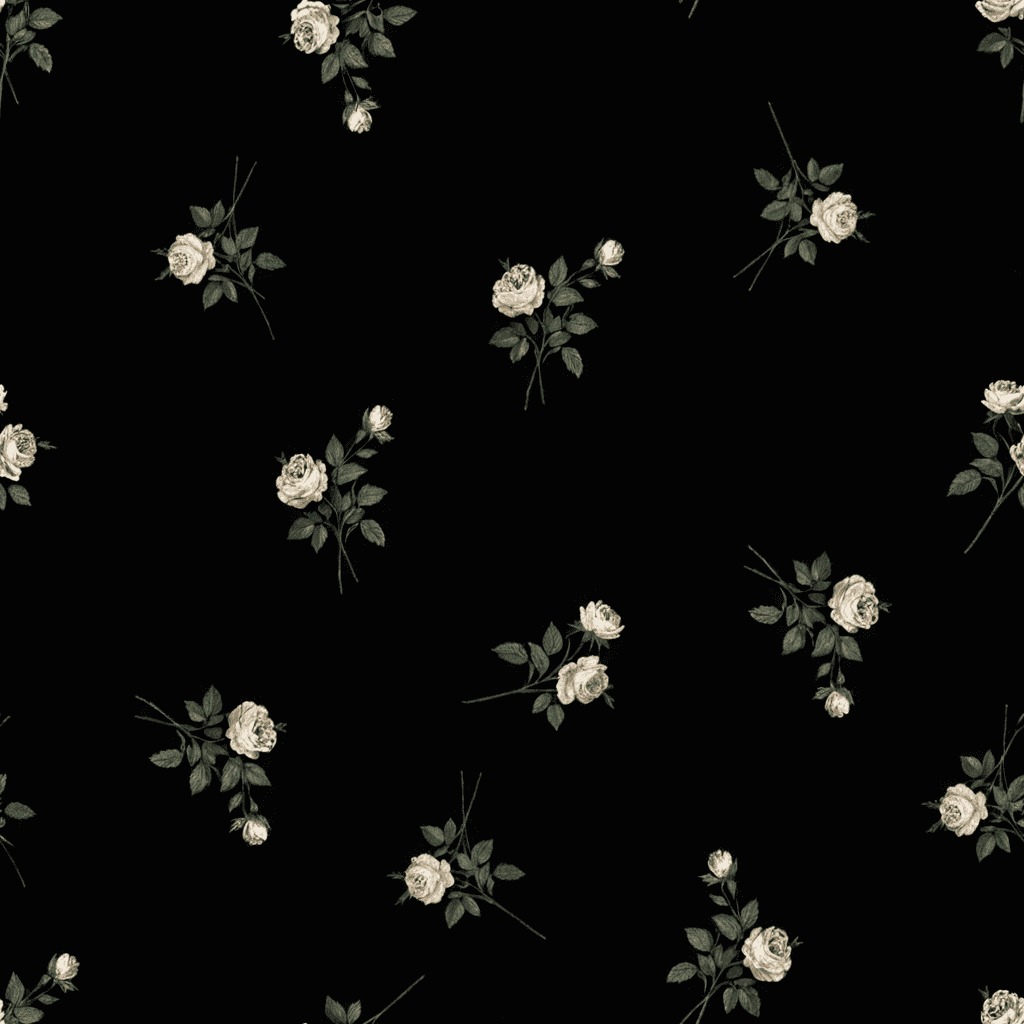 A delicate scattering of vintage-inspired rose sprigs and individual blooms in creamy antique white and muted sage green, arranged in small scattered clusters with ample space in between, set against a deep, solid black background, evoking classic elegance and timeless charm.