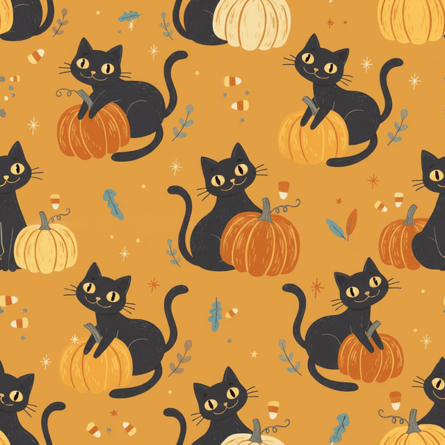 Smiling black cats in stylised cartoon form sitting among pumpkins and candy corns over a warm orange base, fun and festive for children