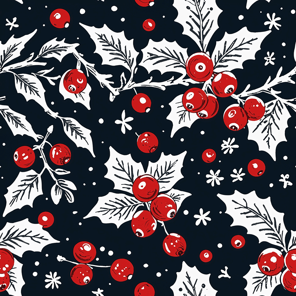 An elegant Christmas holiday pattern with illustrated holly branches, vibrant red cranberries, and softly falling snow on a deep navy background.