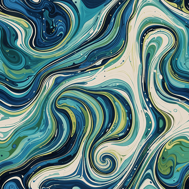 Create an abstract marbling pattern that mimics ocean waves and tidal currents. Use swirling shades of turquoise, deep blue, and seafoam green with hints of white. The composition should feel fluid, immersive, and calming – ideal for coastal-themed designs.