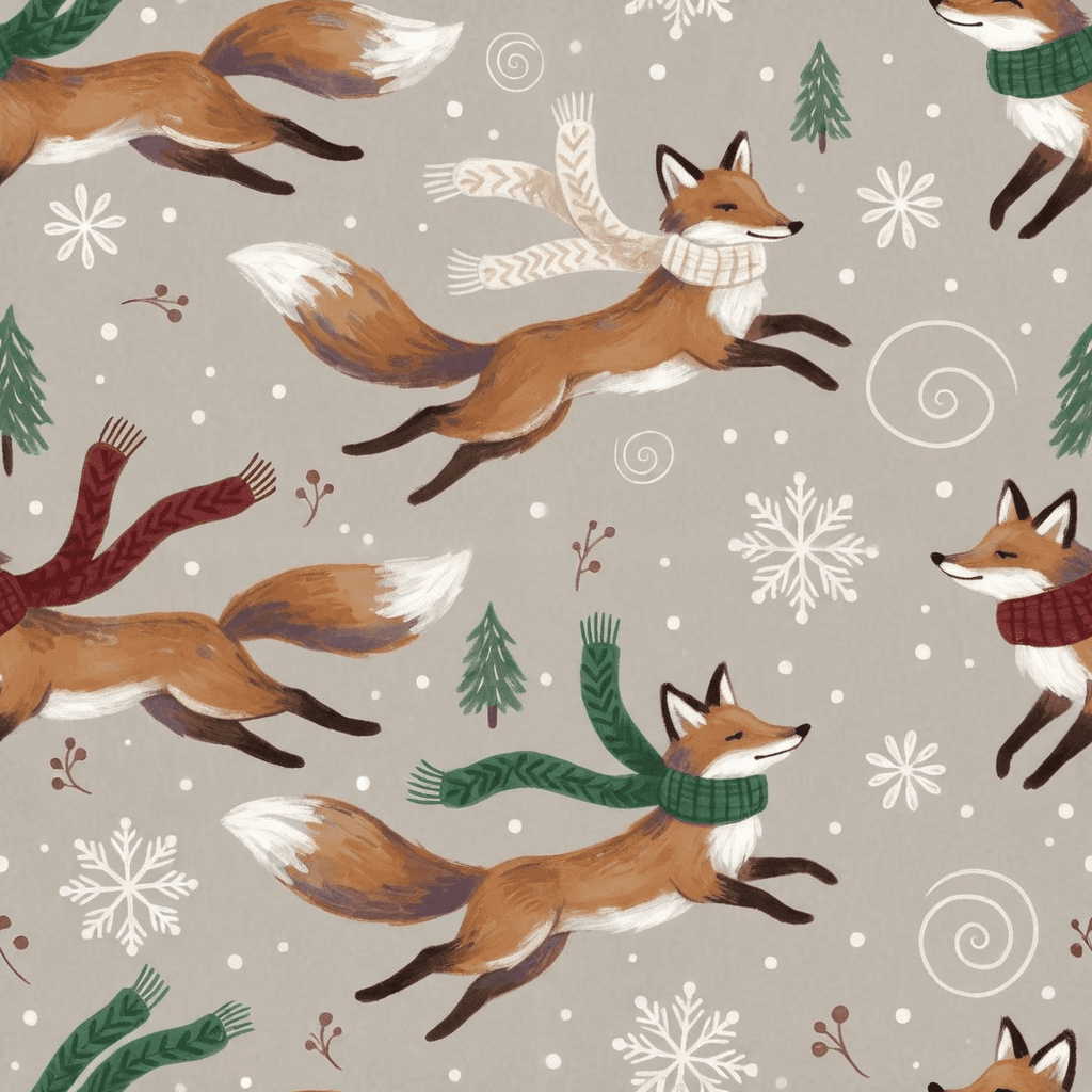 Whimsical winter foxes chasing snowflakes and wrapped in scarves, painted in loose brushstrokes on a light taupe background.