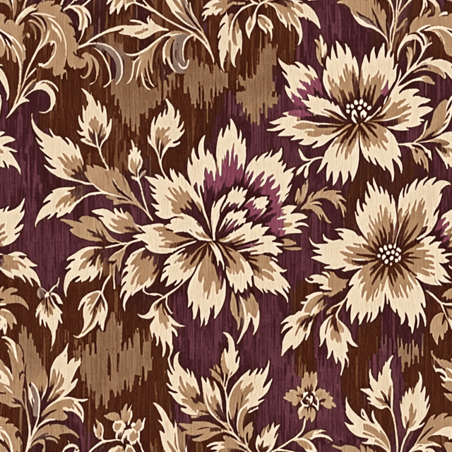 A tapestry of ikat-influenced florals in vintage plum, beige, and charcoal weaves softly across a warm brown base. The layout is large-scale and painterly, with textile-like texture.