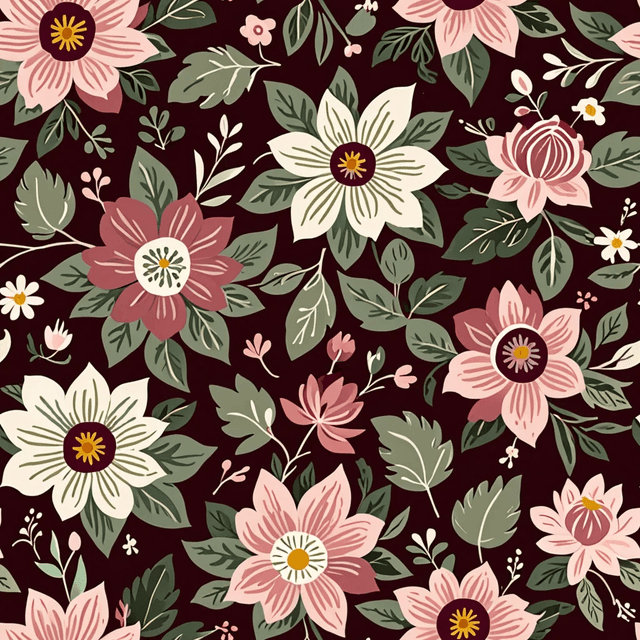 Folk-style flowers in wine, blush, and sage are arranged in neat bunches over a dark taupe base. The pattern is decorative and balanced, with charming simplicity and cultural heritage.