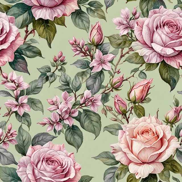 Garden-inspired lilacs and roses entwined in pale blush and sage green, forming a lush, romantic tapestry.