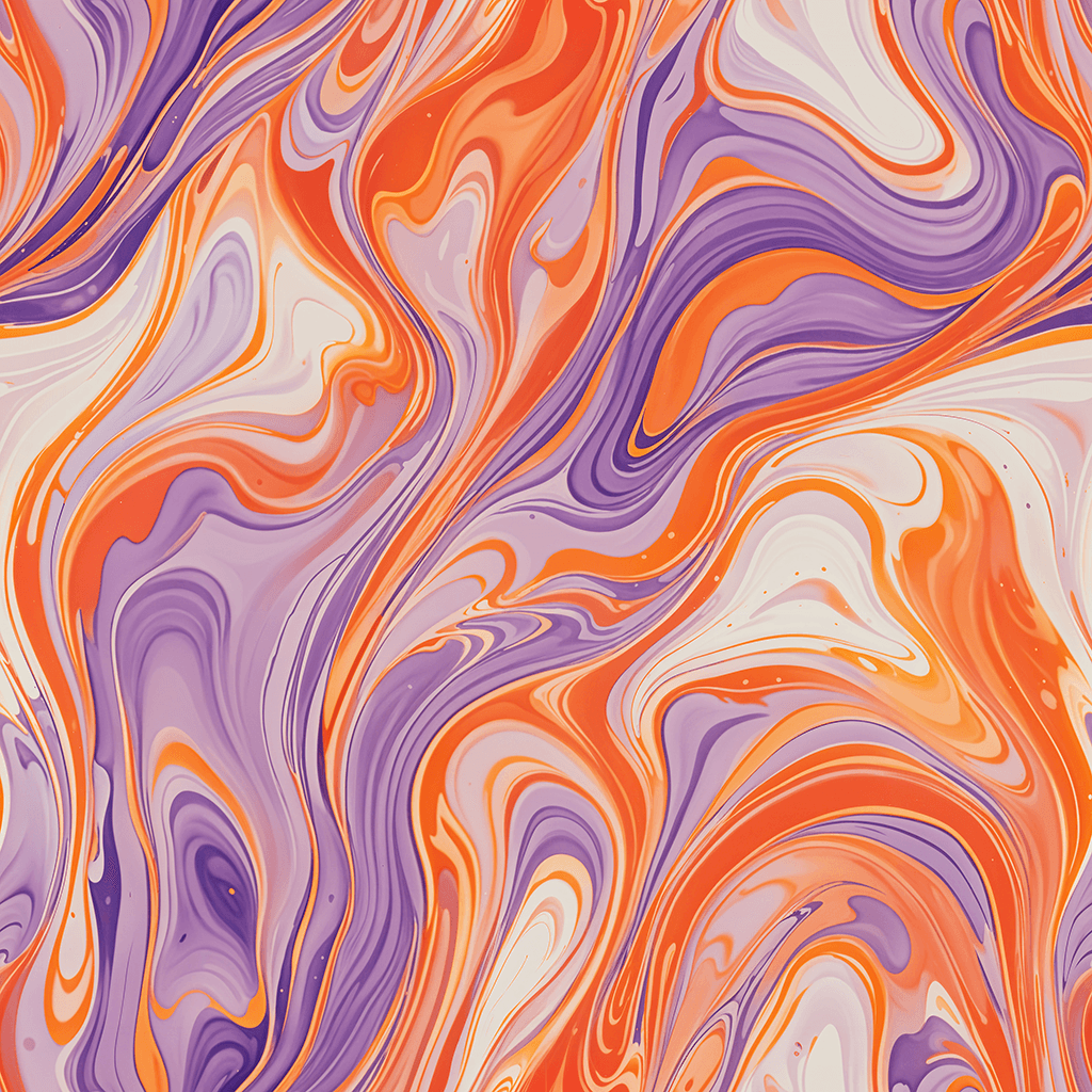 Generate a seamless marbling pattern inspired by the colours of a sunset. Blend warm tones like coral, peach, soft lilac, and gold. Use gentle gradients and smooth swirls to evoke the dreamy transition from day to night.