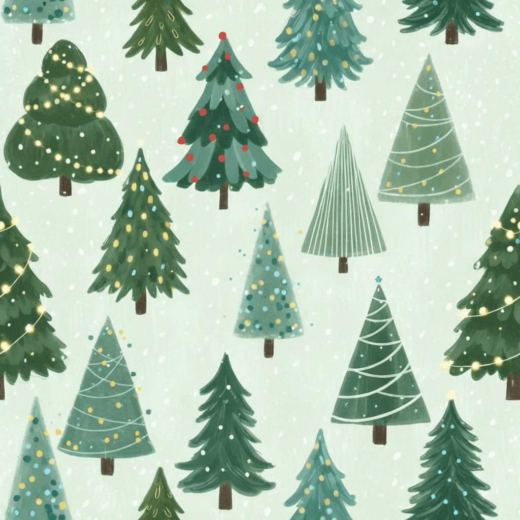 Christmas trees in a mix of styles—classic, modern, and abstract. Each tree should have soft brush strokes, varied green hues, and subtle decorative touches like fairy lights or baubles. Set on a light, snowy background for a whimsical and artistic effect.
