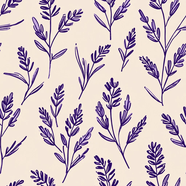 Lavender sprigs arranged loosely on a cream background, in a rustic, sun-faded colour scheme. using painterly brushstrokes, arranged in a scattered composition with airy spacing, using a harmonious Mediterranean palette