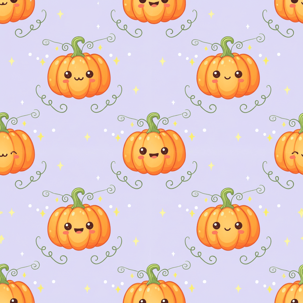 Cute cartoon pumpkins with smiling faces in bright orange and soft yellow scattered on a pale purple background, playful and child-friendly