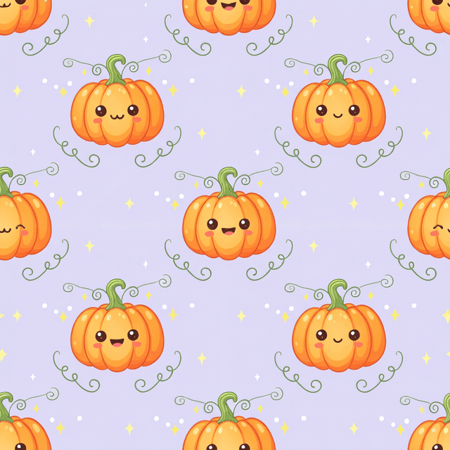 Cute cartoon pumpkins with smiling faces in bright orange and soft yellow scattered on a pale purple background, playful and child-friendly