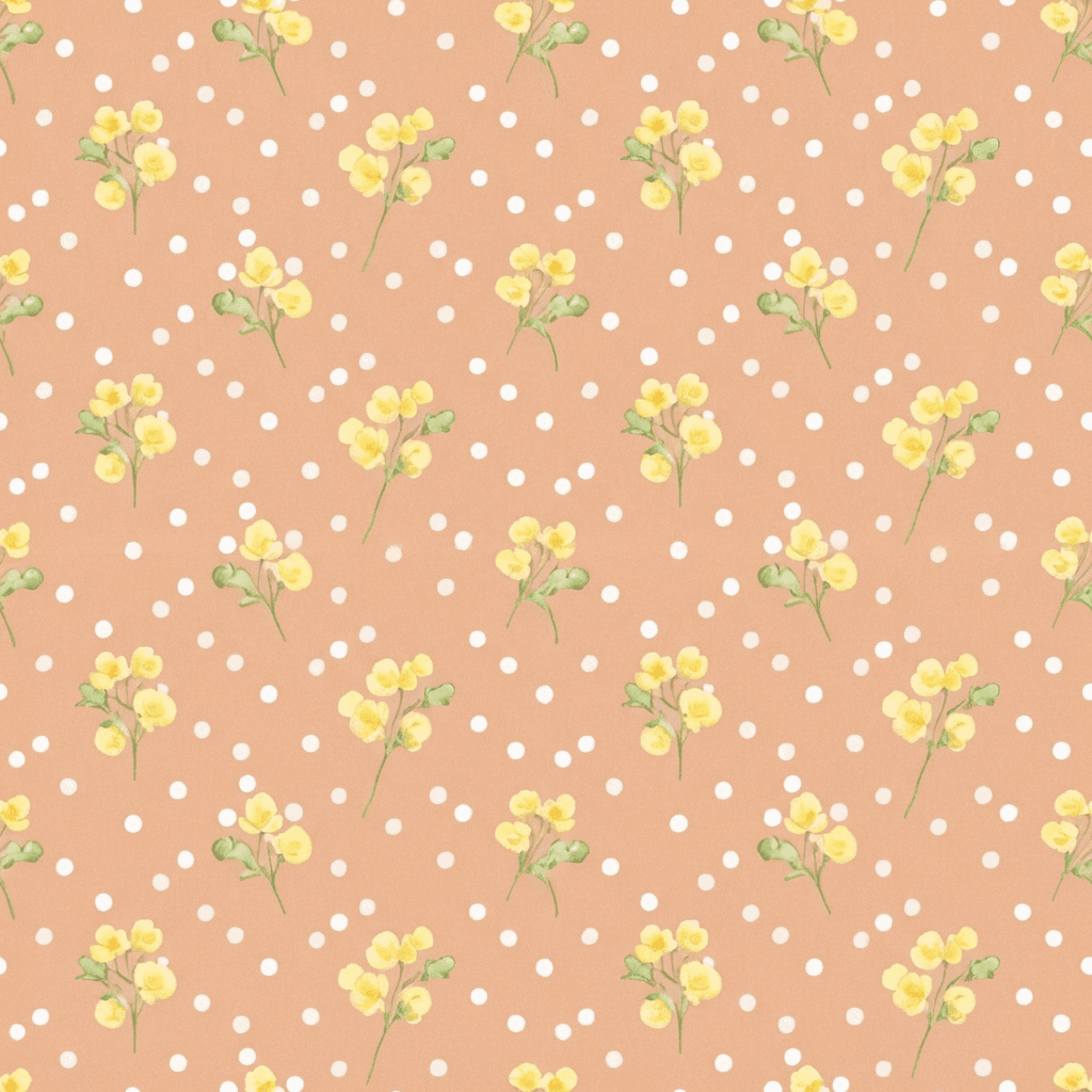 Tiny white polka dots mixed with clusters of pale yellow buttercups and delicate green leaves on a muted peach background.