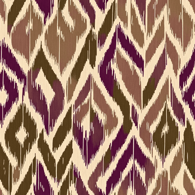 Vintage ikat chevrons in deep plum and olive green ripple across a textured ground of aged taupe. The repeat is bold yet softened, evoking faded textiles and heritage design.