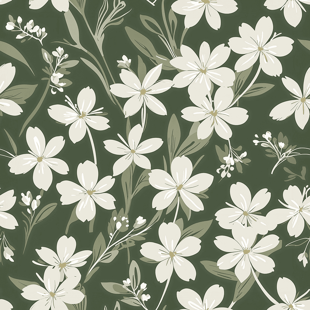 Tiny white flowers with subtle green stems scatter against soft sage, leaving airy negative space.