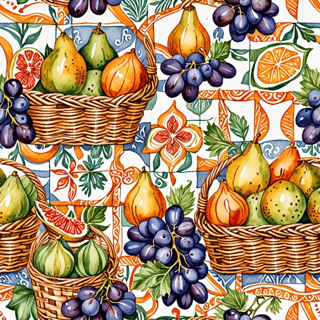Baskets filled with citrus, grapes, and fresh figs on a picnic cloth. with fine line art detailing, arranged in a dense, repeating tile layout, using a harmonious Mediterranean palette