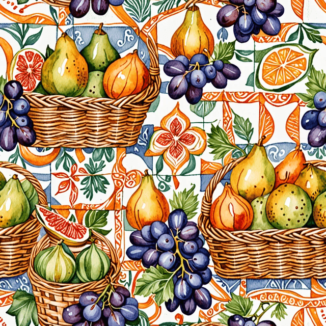 Baskets filled with citrus, grapes, and fresh figs on a picnic cloth. with fine line art detailing, arranged in a dense, repeating tile layout, using a harmonious Mediterranean palette