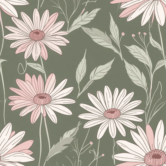 Delicate daisies in pastel pink and cream, arranged in gentle clusters over a muted sage background, conveying a serene and airy charm.