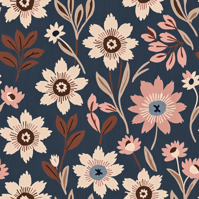Tapestry-style florals in muted indigo, dusky pink, and dark brown form symmetrical bouquets across a warm slate canvas. The pattern is rich and historic, like old woven linen.