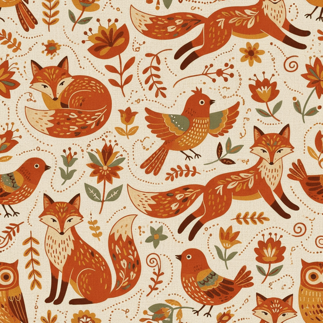 Folk-art inspired fox and bird pattern in warm terracotta and cream, featuring simple decorative florals and dotted textures. Layout with multiple poses