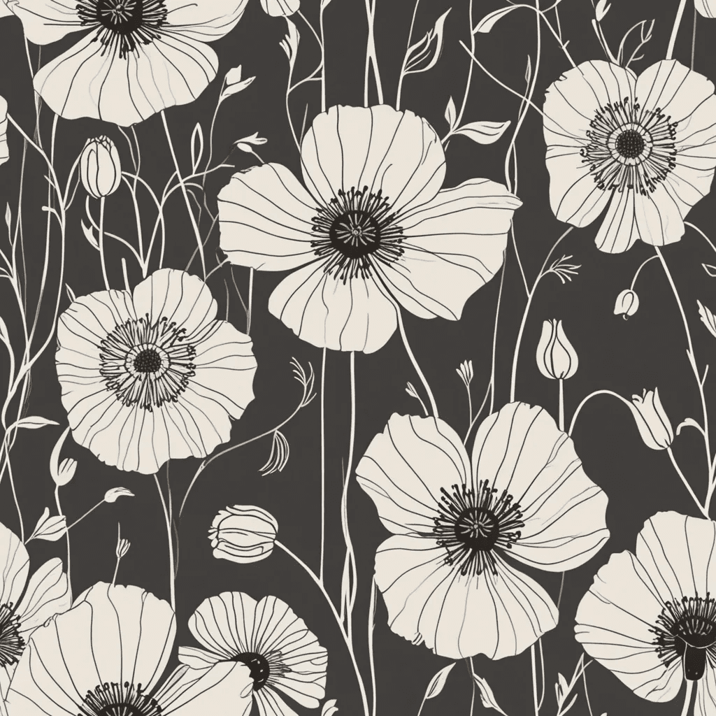 Fine line illustrations of flowers such as poppies, tulips, and daisies subtly overlap in layers. Use semi-transparent line styles in two or three tones (e.g. charcoal, clay, ivory) for a sophisticated depth effect while maintaining simplicity.