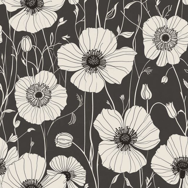 Fine line illustrations of flowers such as poppies, tulips, and daisies subtly overlap in layers. Use semi-transparent line styles in two or three tones (e.g. charcoal, clay, ivory) for a sophisticated depth effect while maintaining simplicity.