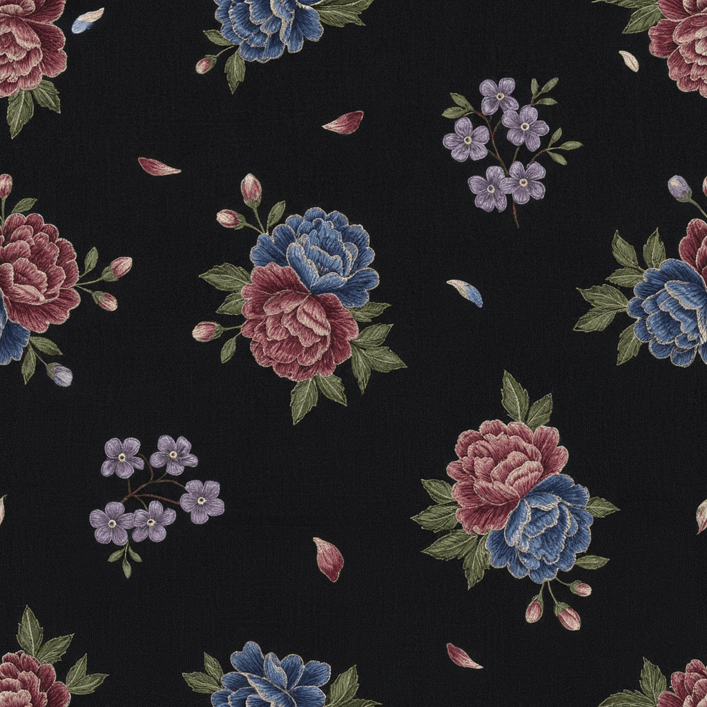 Handcrafted floral motifs resembling silk embroidery, featuring peonies, small violets, curling leaves, and delicate buds stitched across a dark ink-black textile ground. Use deep rose, muted sapphire, dusty lavender, forest green, antique cream, and subtle metallic thread highlights. Arrange the flowers in flowing, uneven sprays with visible separation between clusters and occasional loose petals. Emphasise fine thread direction, raised stitched outlines, layered colour, and tactile fabric texture. Avoid chunky cartoon embroidery, identical bouquets, bright primary colors, tangled stems, illegible stitch detail, excessive metallic thread, and overcrowding.
