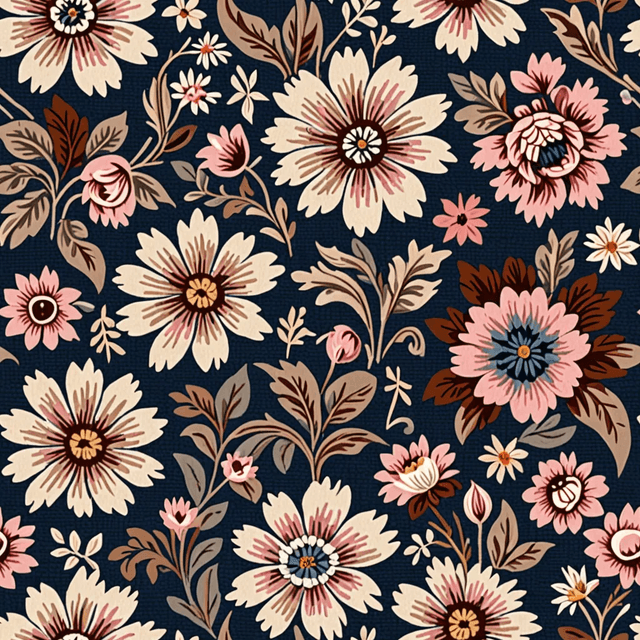 Tapestry-style florals in muted indigo, dusky pink, and dark brown form symmetrical bouquets across a warm slate canvas. The pattern is rich and historic, like old woven linen.